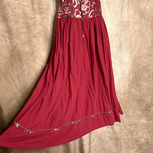 Vintage 90s Jing Gu Zhai Floral Patchwork Fit & Flare Maxi Dress Sleeveless Red - Picture 7 of 8